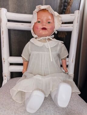 Vintage Horseman Dimples Baby Doll Composition Cloth Body 1930s White Dress